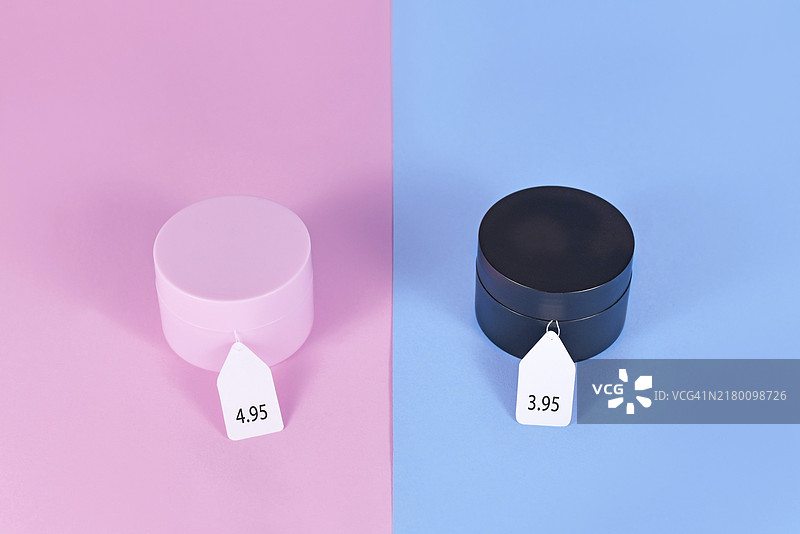 粉红税概念，展示针对特定性别的粉色和黑色面霜，价格不同图片素材