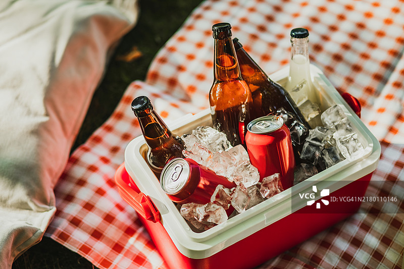 红色塑料冷藏箱，里面放着饮料和冰块，铺在草地上的格子布上图片素材