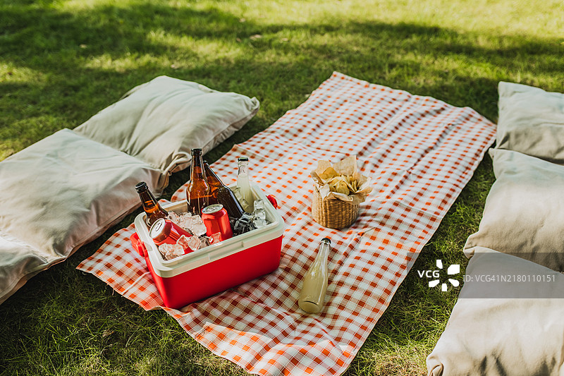 红色塑料冷藏箱，里面放着饮料和冰块，铺在草地上的格子布上图片素材