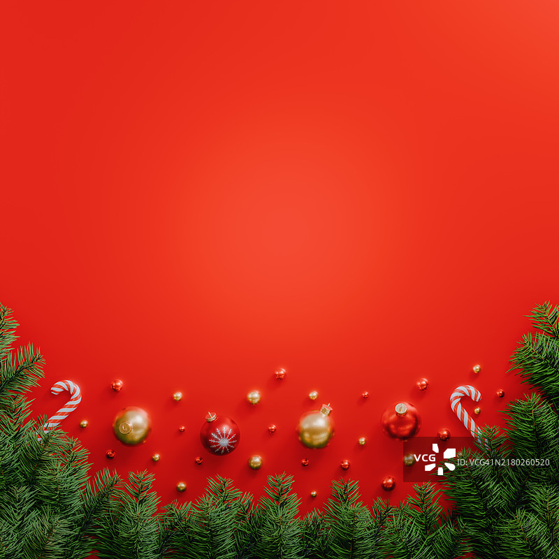 带有圣诞装饰的鲜艳红色背景图片素材