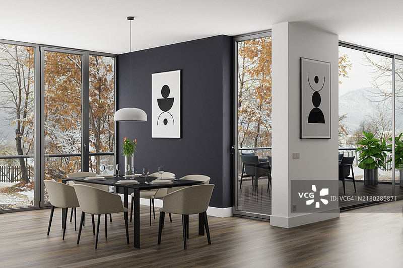 带大窗户的现代豪华餐厅室内设计，秋季场景图片素材