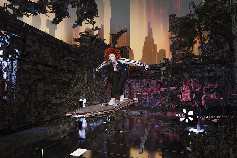 骑着悬浮滑板的年轻女子图片素材