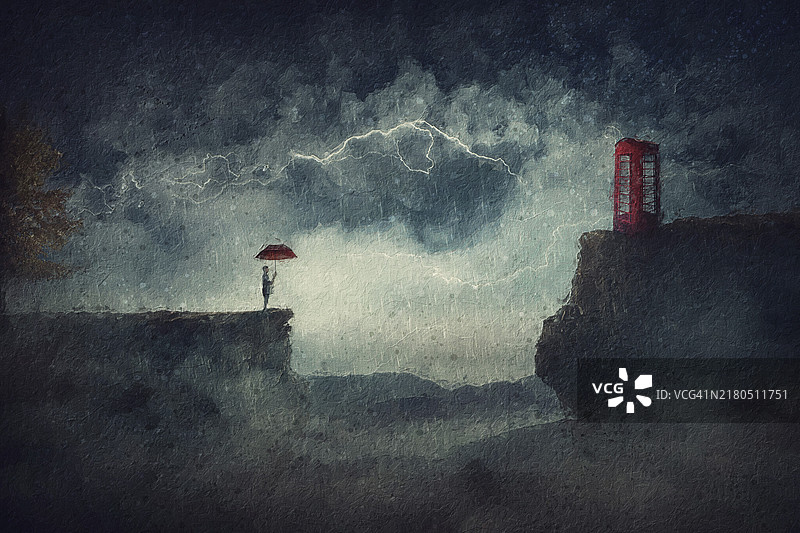 悬崖边暴风雨下，站在电话亭旁的人，奇幻冒险之旅概念绘画图片素材