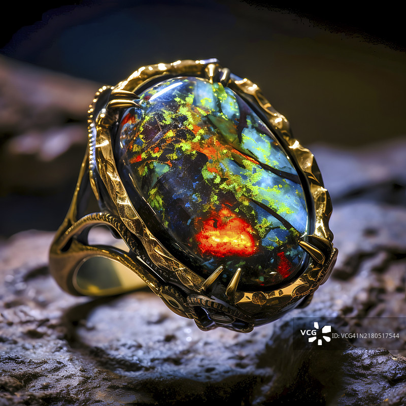 复古设计的澳大利亚黑蛋白石戒指，工作室拍摄图片素材