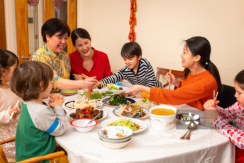 春节晚餐中的家庭乐趣图片素材