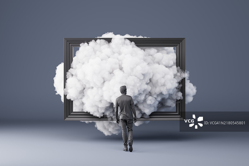 商人在框架内走向云朵，极简主义超现实背景图片素材