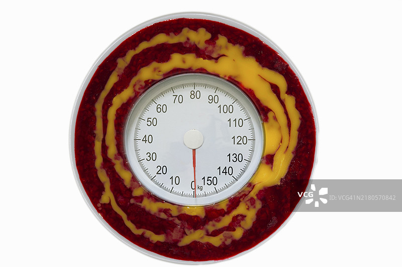 体重增加的象征性图像：覆盆子果盘上的体重秤，白色背景图片素材