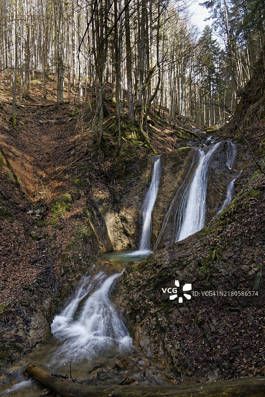 巴伐利亚冬季森林中的瀑布图片素材