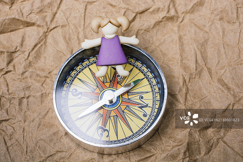 指南针上的微型女孩：教育与商业概念图片素材