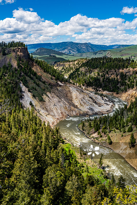 黄石国家公园大环路，怀俄明州钙化泉俯瞰和黄石河图片素材