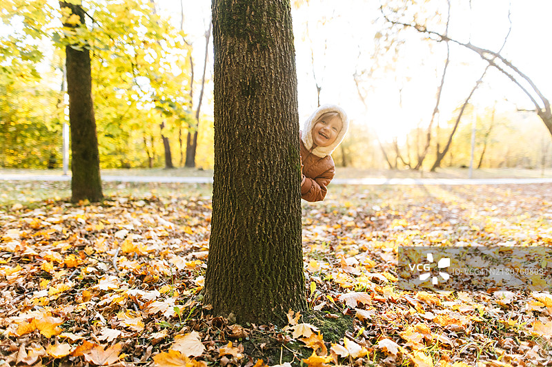 秋日公园里，可爱的小女孩从树后探出头来图片素材