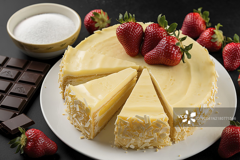 一张柠檬蛋糕配草莓、糖和巧克力的照片图片素材