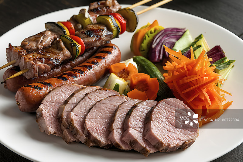一盘烤肉串和蔬菜，配有切丝的橙色胡萝卜香肠图片素材