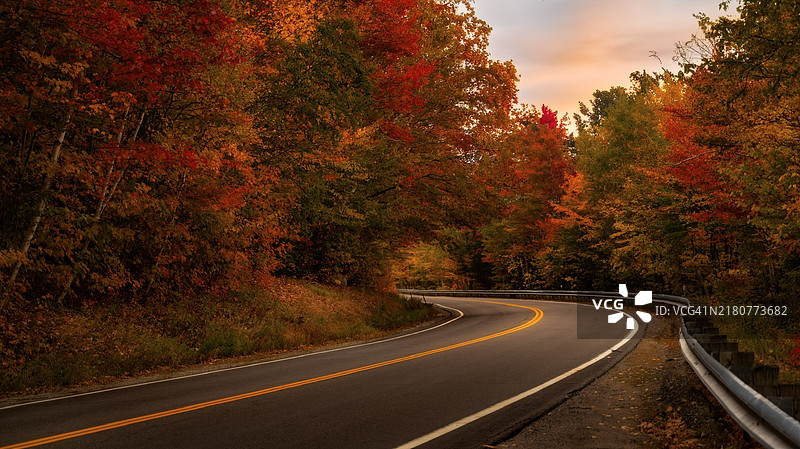 秋天时节，康威，新罕布什尔州，美国，树木间的空旷道路图片素材