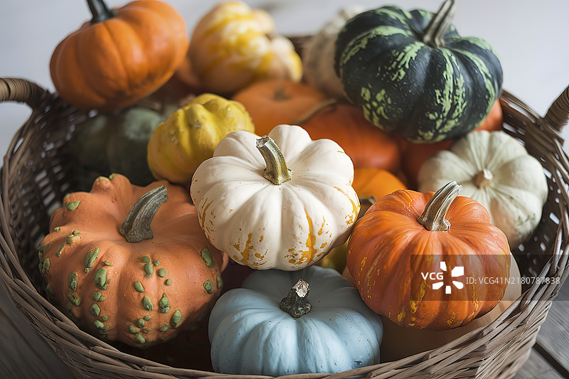 一个装满各种颜色南瓜的篮子图片素材