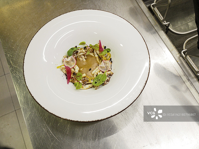 摆盘呈现的平底锅烹制火焰鱿鱼配土豆浓酱、萝卜、焦糖柠檬和香草，美食潮流现代食谱图片素材