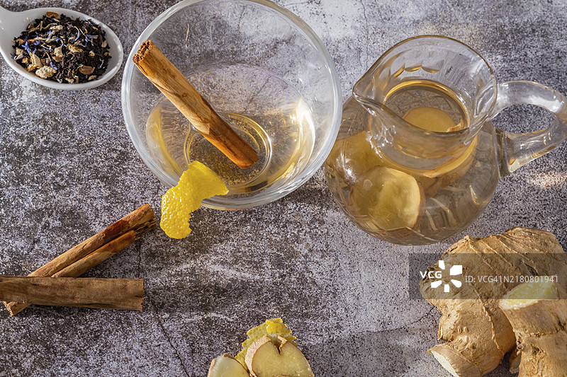 柠檬肉桂姜茶罐俯视图图片素材