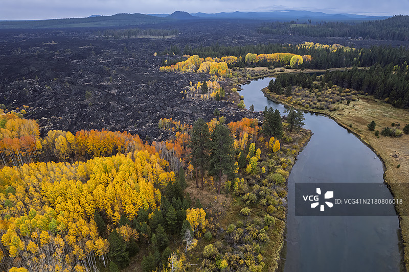 俄勒冈州德舒特河的秋季白杨和枫树图片素材