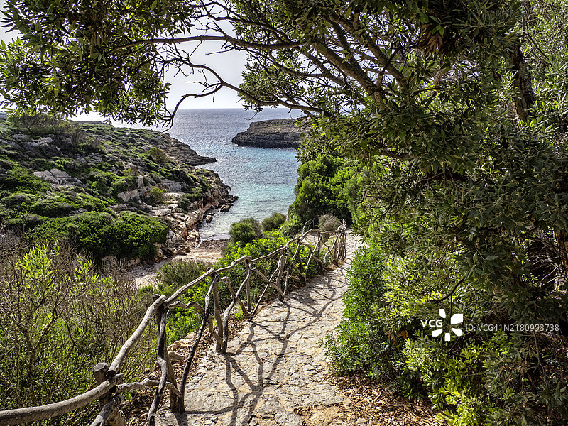 通往被植被环绕的白色小沙滩的通道，梅诺卡岛比尼达利海滩图片素材