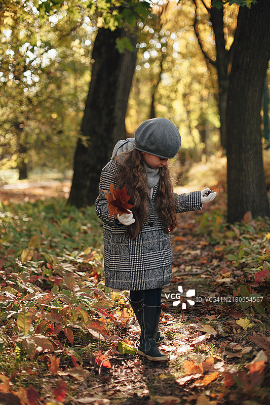 一个女孩手中拿着橡树和枫树的叶子图片素材