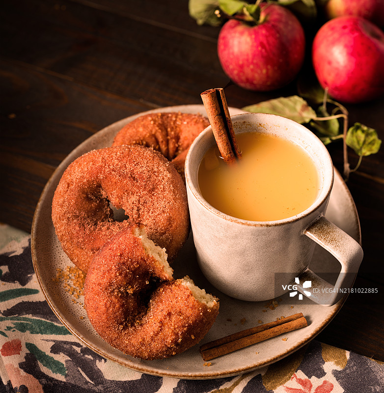 苹果酒甜甜圈配一杯苹果酒和肉桂棒，弗吉尼亚州马纳萨斯，美国图片素材