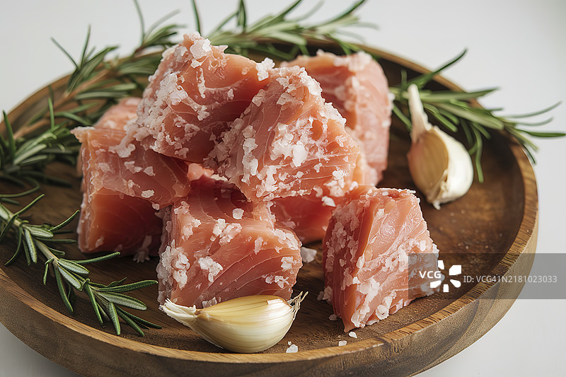 木盘上放着盐腌鱼块，旁边有大蒜和迷迭香图片素材