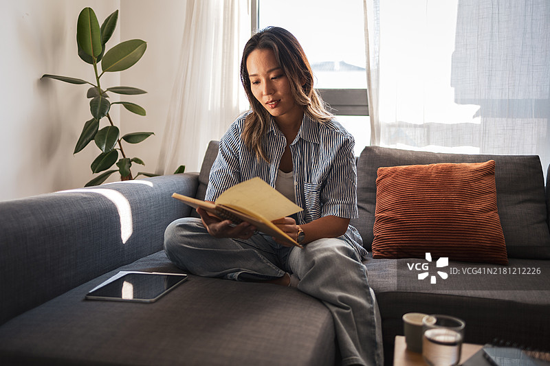 年轻女人在舒适的沙发上读书图片素材