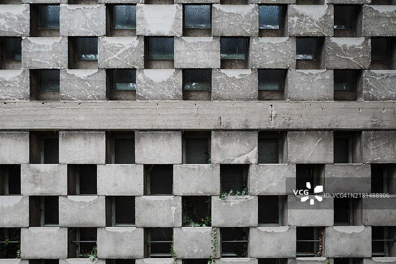 几何图案的混凝土墙与攀爬的常春藤藤蔓图片素材