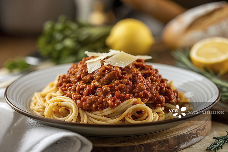一盘意大利面配肉酱的特写照片图片素材