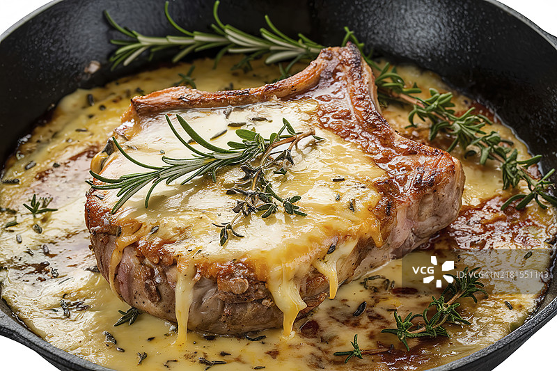 一张黑色煎锅中，融化奶酪的滋滋作响的猪排菜肴特写照片，希腊，希腊图片素材