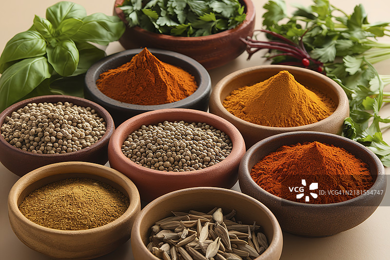 一组多种香料和草药的碗图片素材