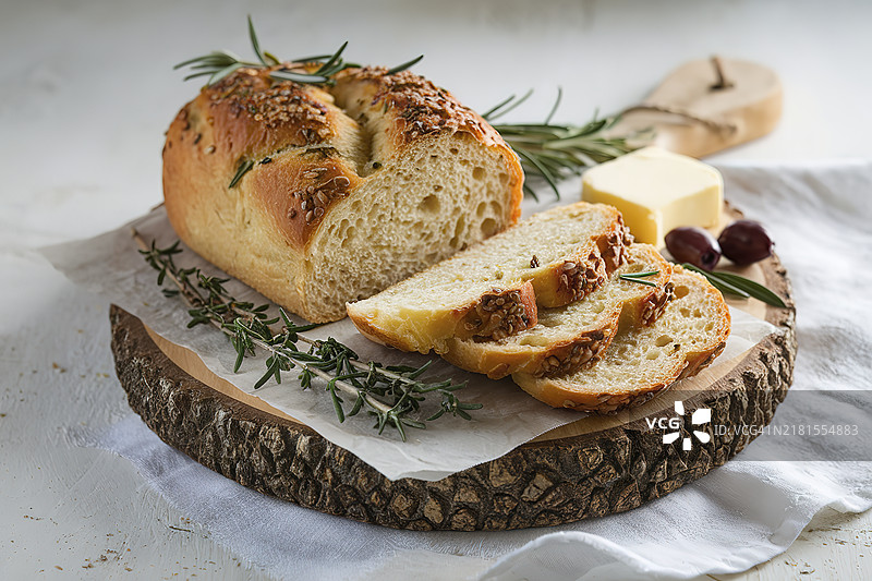 一块乡村风格的木板上放着一条新鲜的面包图片素材