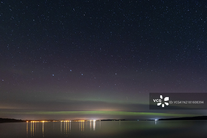 德国梅克伦堡-前波美拉尼亚冈茨林普劳湖星夜下的北极光（Aurora borealis）图片素材