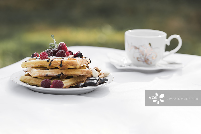 覆盆子华夫饼，陶瓷餐盘咖啡户外白桌图片素材