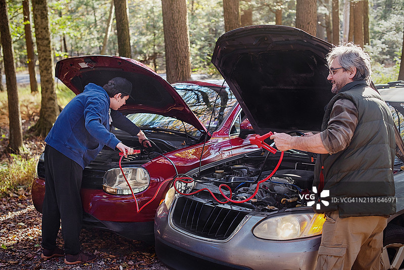 在自然环境中排查汽车故障。53岁的父亲指导18岁的孩子在森林中进行车辆维护。图片素材