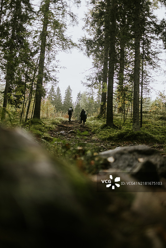 两名徒步旅行者在秋季攀登阿卡-科利山图片素材
