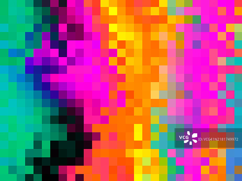 生动的像素化抽象图案，色彩鲜艳。这个充满活力的像素化抽象图像展示了明亮、饱和的粉色、黄色、绿色和蓝色。图片素材