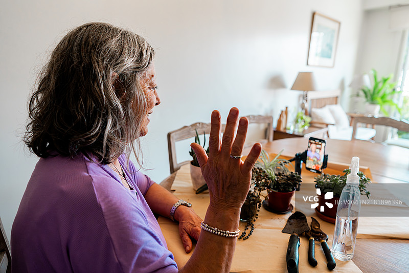 一位年长女性在家中进行直播，谈论植物。图片素材
