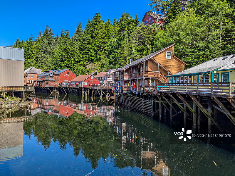 阿拉斯加，美国，湖边建筑与天空的美丽景色图片素材