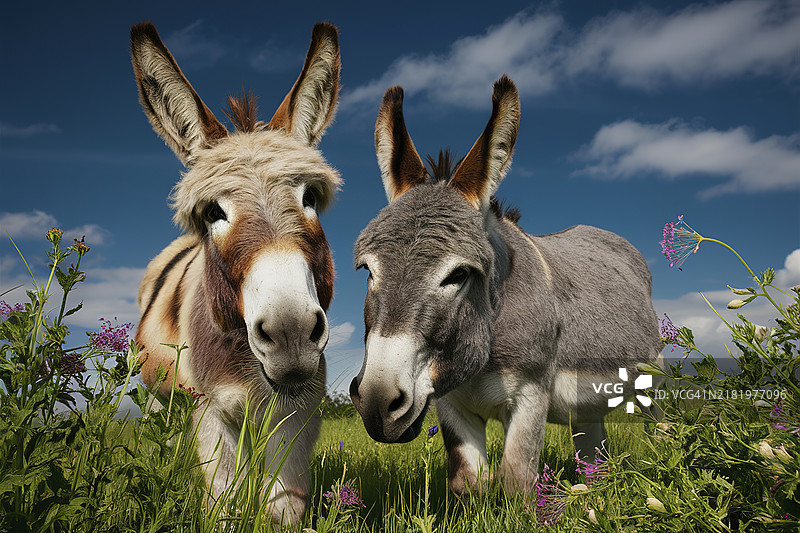 在天空下的田野上，驴子特写镜头图片素材
