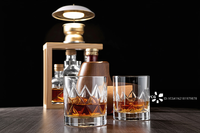 黑色背景下，木桌上摆放着威士忌和苏格兰威士忌饮品，后方有酒瓶。图片素材