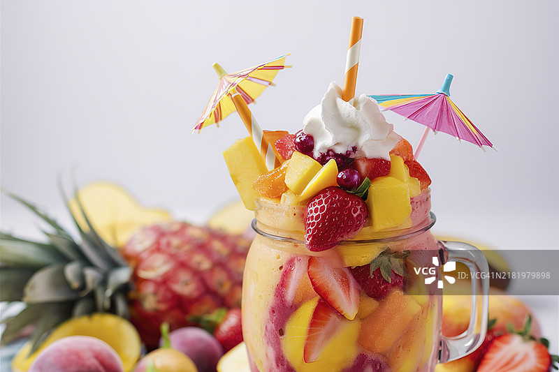 自制新鲜水果冰沙，夏日清爽饮品的肖像图片素材