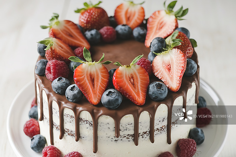 一张巧克力蛋糕配切片水果的照片图片素材