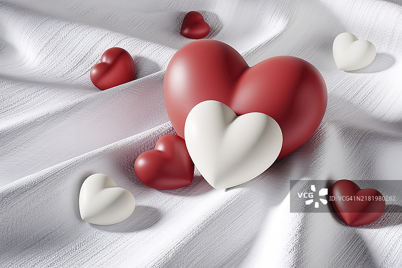 白色纹理布料背景上的心形图案图片素材