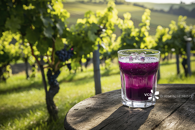 一杯新鲜榨取的葡萄汁放在桌子上，旁边有冰块，背景是清新的葡萄园。图片素材