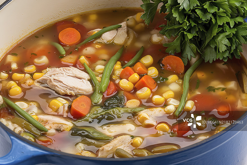 一只装满丰盛蔬菜汤的蓝色锅图片素材