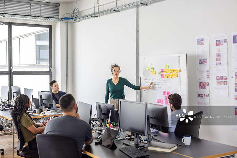 自信的成熟的女商人在开放式共享办公空间进行演讲图片素材