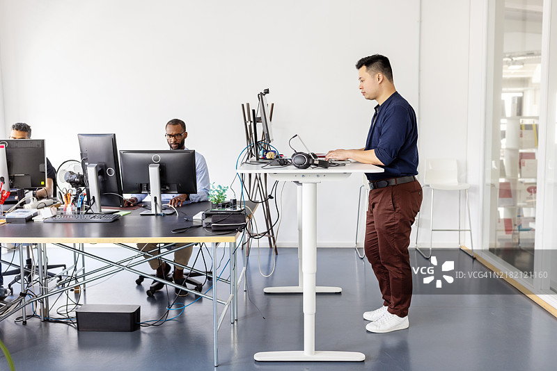 在共享办公空间中，使用站立式办公桌的符合人体工程学的商务人士图片素材