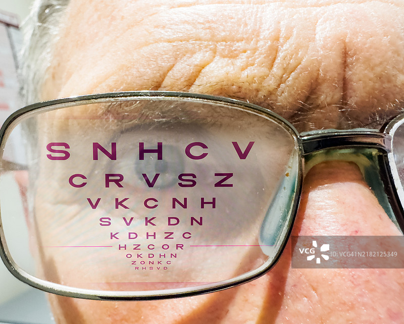 眼睛视力测试反射在男子的眼镜上图片素材