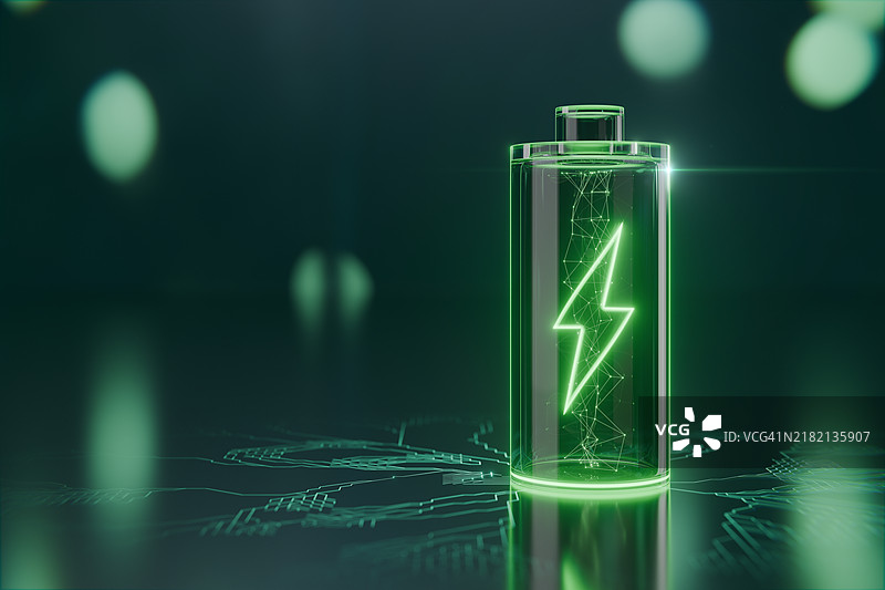 发光的绿色电池，内部有网状结构图片素材